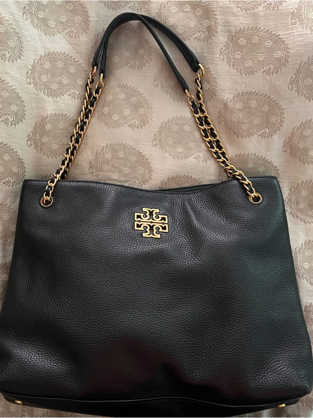 Tory Burch Black Pebbled Leather Shoulder Bag with Gold Chain-Strap